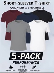 Men’s 5-Pack Quick Dry Performance T-Shirts – Lightweight Sports Tops