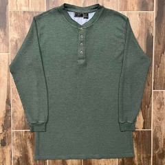 VTG JIT Sport Thermal Mens L Green Polycotton Henley Waffle-Knit Long-Sleeve 90s