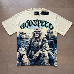 25/SS Godspeed Hip hop skeleton soldier print pattern Tee Washed Mens T-shirt