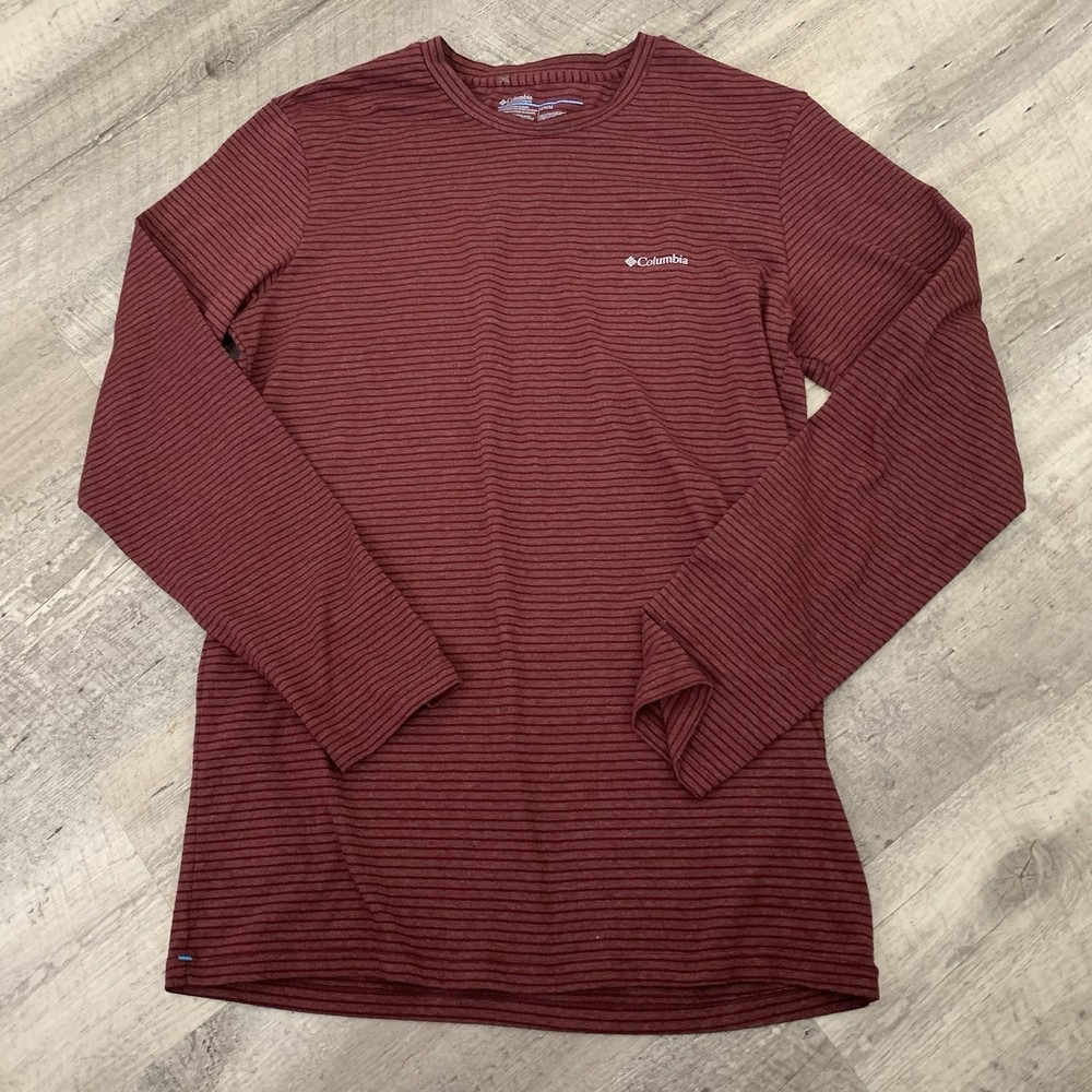 Columbia T-Shirt Mens Medium Stretch Wine Striped Long Sleeve Crew Neck Top