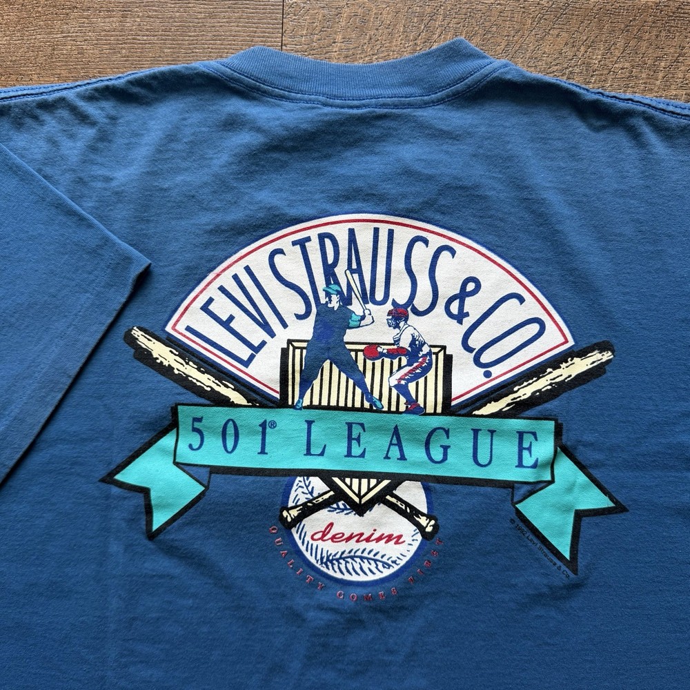 Vintage 1992 Mens L/XL Blue Levis 501 Denim Baseball League Rare Sportswear Tee