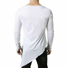 Mens Asymmetric Slit Hem Summer T-shirt Top Tee Long Sleeve Loose Pullover Shirt