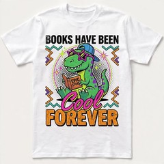 Books Have Been Cool Forever T-Shirt Retros Dinosaur Reader Teacher Tee