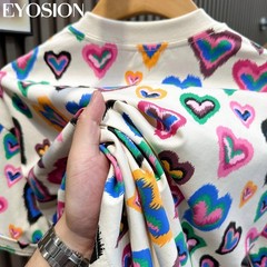 Men Heart Print Short Sleeve T-Shirt Casual Retro Round Neck Summer Cotton Tee