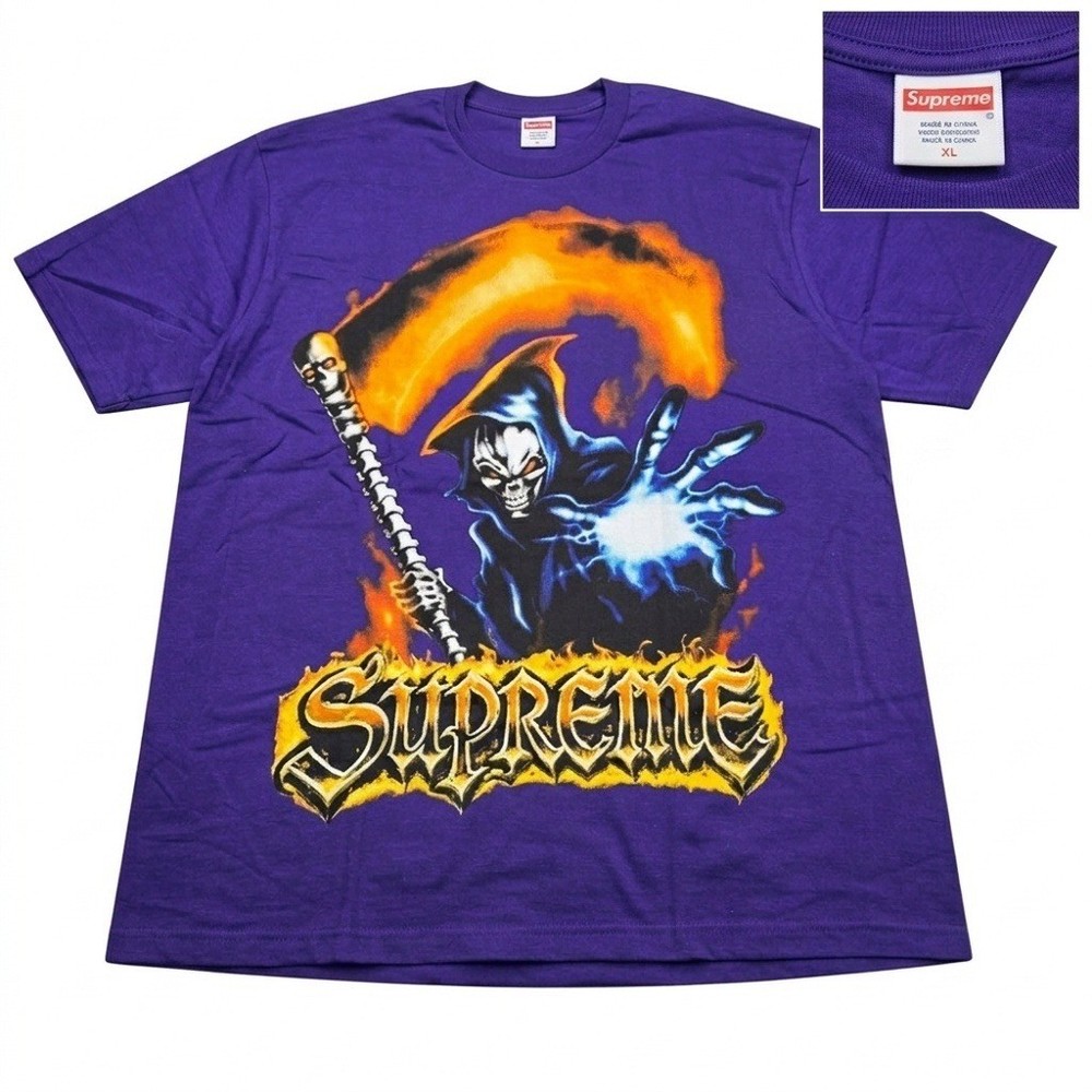 Men’s XL Supreme Grim Reaper Santa Muerte Prayer Graphic Tee Purple XL Shor