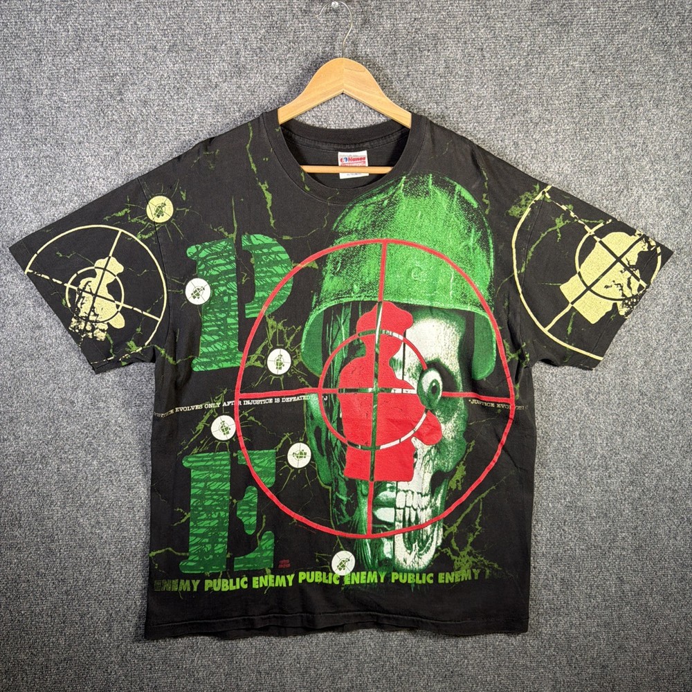 Vintage Public Enemy Shirt Mens XL Black 90s AOP Skull Rare Grail Band Tee Rap