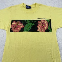 Vintage Bermuda Shirt Mens XXXS Yellow Floral Hibiscus Surf Beach 80s USA