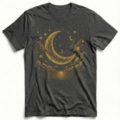 Golden Crescent Moon Stars T-Shirt Mystic Night Sky Reflection Tee