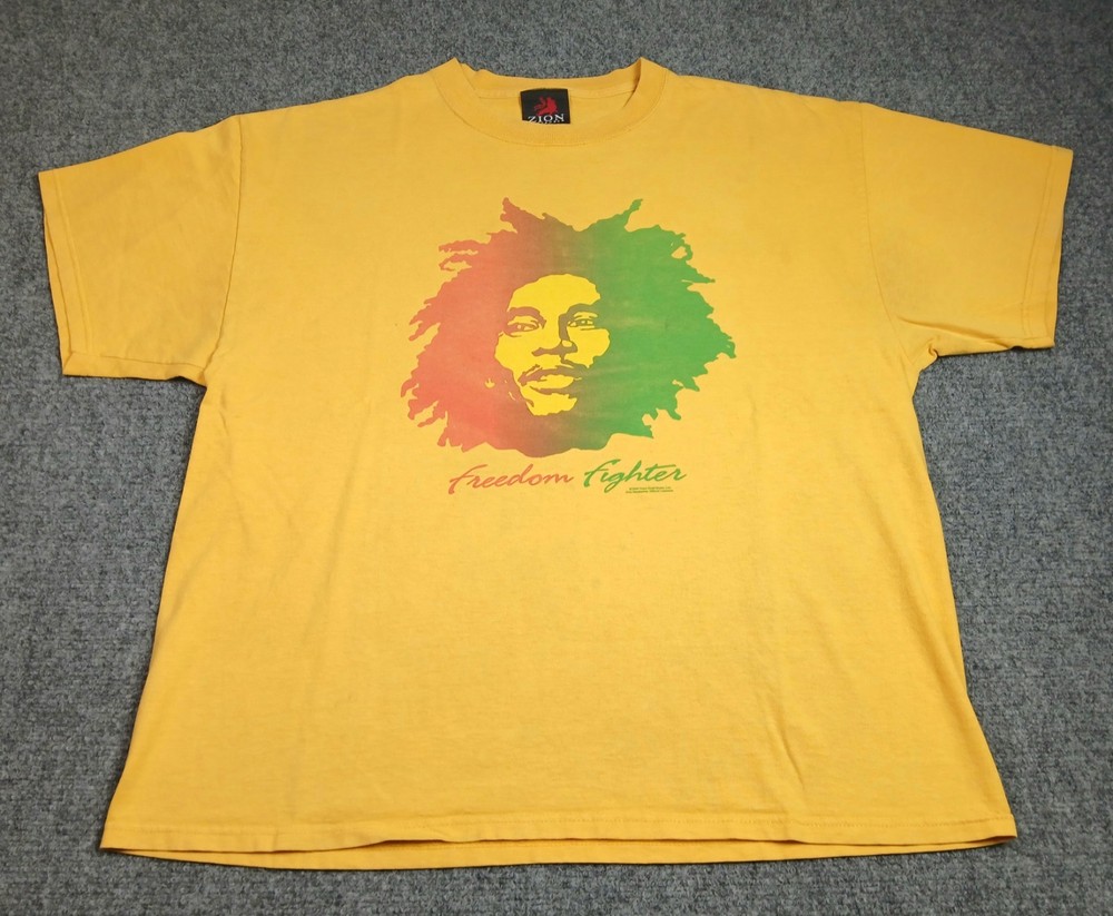 Vintage Bob Marley Freedom Fighter Music 2004 Mens T Shirt Size 1X Zion Yellow
