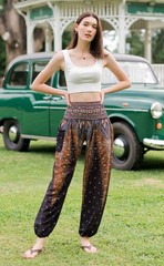 ‘s Smocked Waist Harem Hippie Boho Yoga Palazzo Casual Pants (M,Peacock Black)