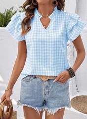 Womens Summer Tops V Neck Short Sleeve Tops Lightweight Plaid Ladies Tops and…