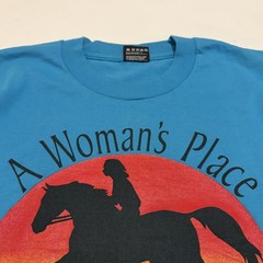 Vintage A Woman’s Place On A Horse Shirt Mens Large Blue Fruit Of The Loom 90s