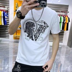 New Fashion Trend Tiger Hot Diamonds Rhinestones Summer Luxury Men T-Shirt