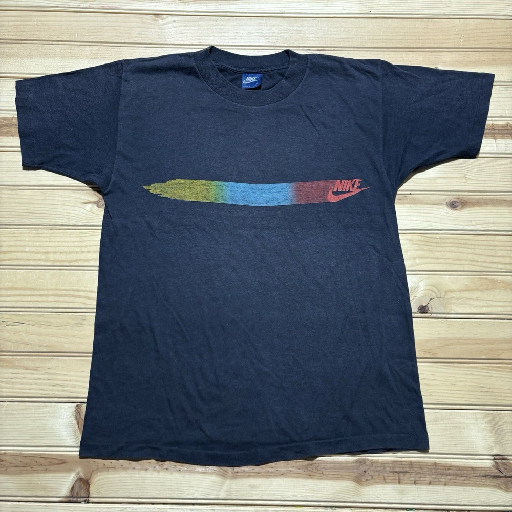 Vintage 80s Nike Blue Tag Rainbow Spellout Logo Shirt Size Medium RARE
