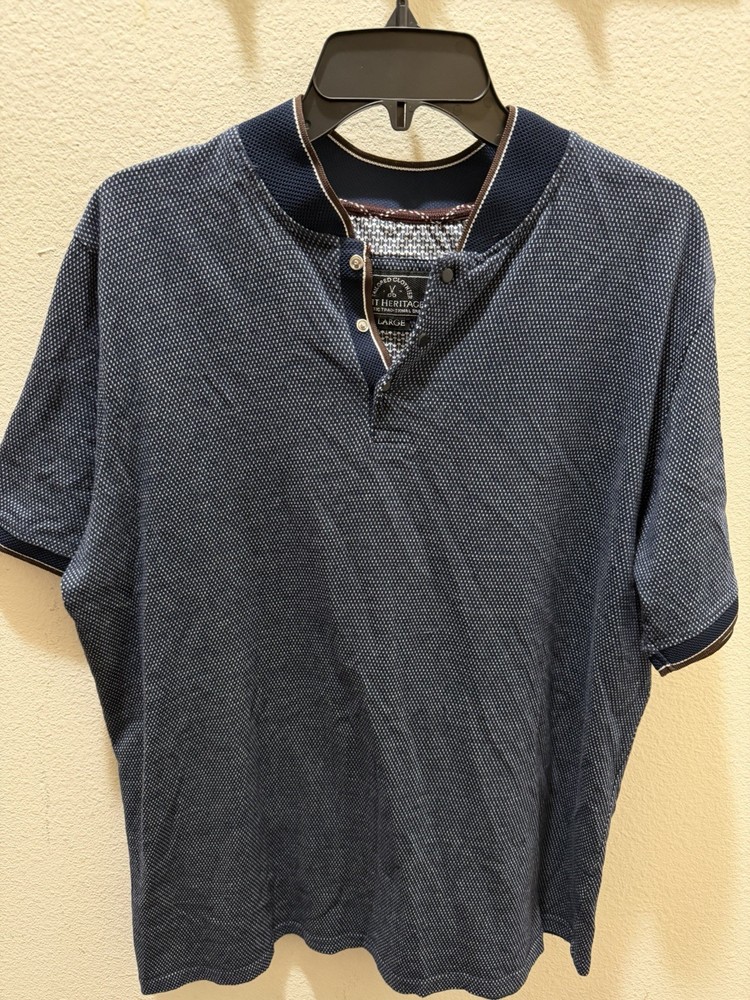 Knit Heritage Polo Men’s L Blue Henley Short Sleeve Knit Geometric Buttons
