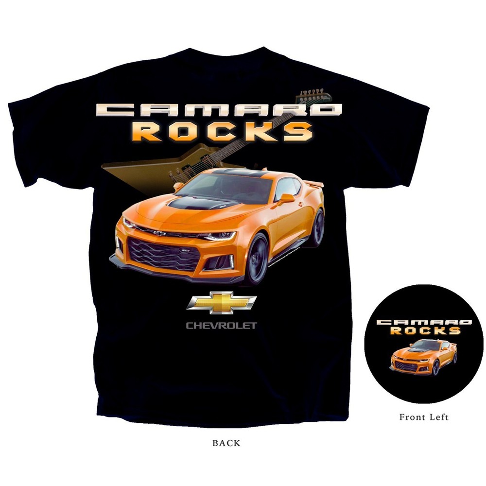 Joe Blow T’s Chevy Camaro Rocks Men’s Black T-Shirt 6th Gen ZL1 w/ Guitar