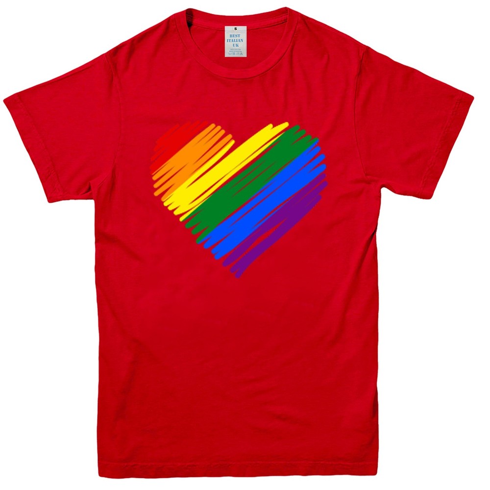 Unisex Mens Womens Gay Pride T-Shirt Tee Quality Retro Heart Strip Rainbow LGBT