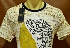 Versace Men’s Medusa T-Shirt Gold Black All Over Logo Short Sleeve Tee Size XL