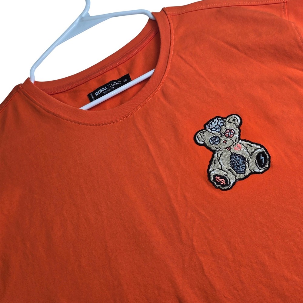 Roku Studio T-Shirt Mens 3XL Orange Embroidered Bear Patch Streetwear Tee