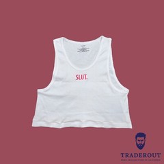 Personalizable Custom Embroidery SLUT mens white super short crop rib tank top