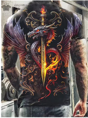 Mythical Fantasy Dragon Fire Sword Art Men’s T-Shirt in XL Size