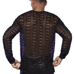 Men’s V-Neck Lace Long Sleeved T-Shirt with Transparent Mesh Elastic Shirt Base