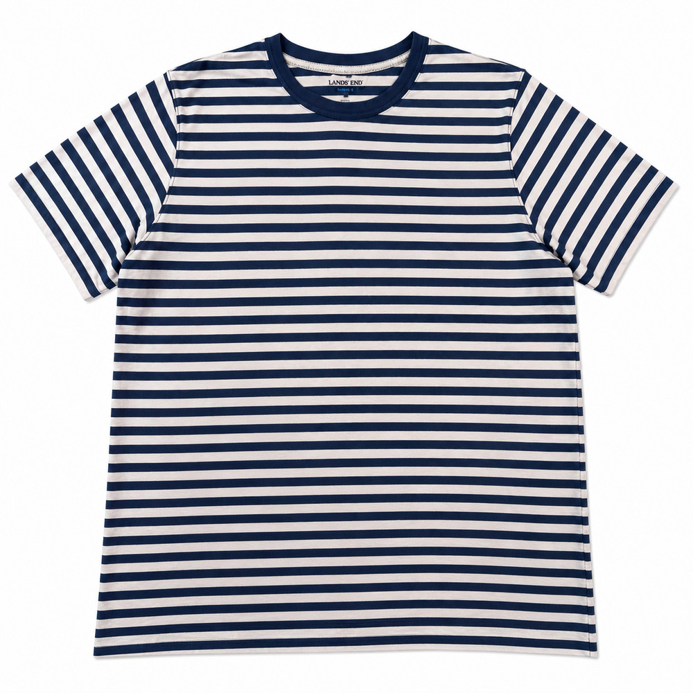 Lands’ End Men’s XL Super-T Navy White Striped Crew Neck Cotton T-Shirt