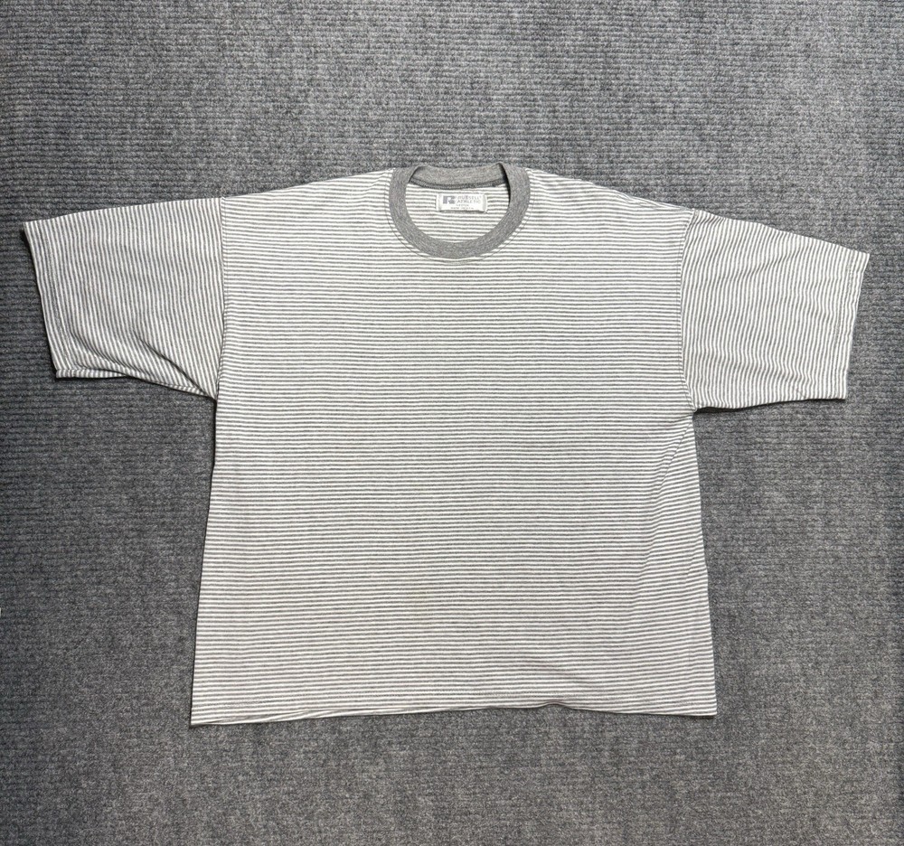 Vintage Plain Striped T Shirt Mens Medium Blank White Gray Boxy 80s 90s Russell