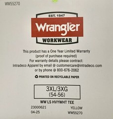 NEW Wrangler Workwear Men’s Hi-Vis Yellow Long Sleeve Pocket T-Shirt Size 3XL