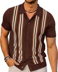 Mens Vintage Striped Knitted Polo Shirt Short Sleeve Button Down Golf Casual Top