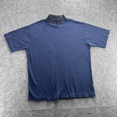 Shirt Mens Medium Navy Gray Mock Neck Short Sleeve Rib Collar Casual Knit Basic