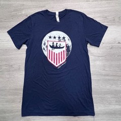 Logboat Brewing Co Navy Blue Tri-Blend Graphic T-Shirt Mens Small Shield Canoe