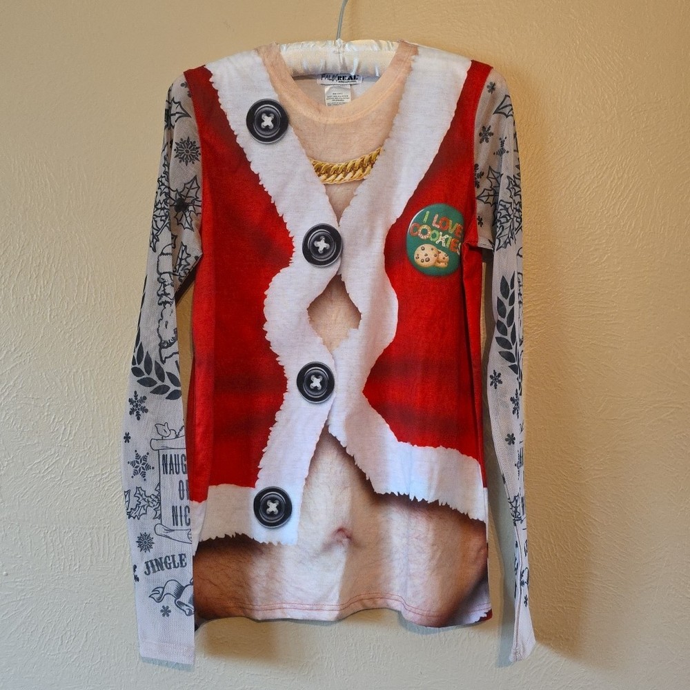 Faux Real Men’s S 3D Photo-Realistic Ugly Christmas Sweater Long Sleeve T-Shirt