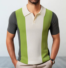 Men’s Multicolor Striped T Shirt Casual Knitwear Lapel Short Sleeve Summer Chic