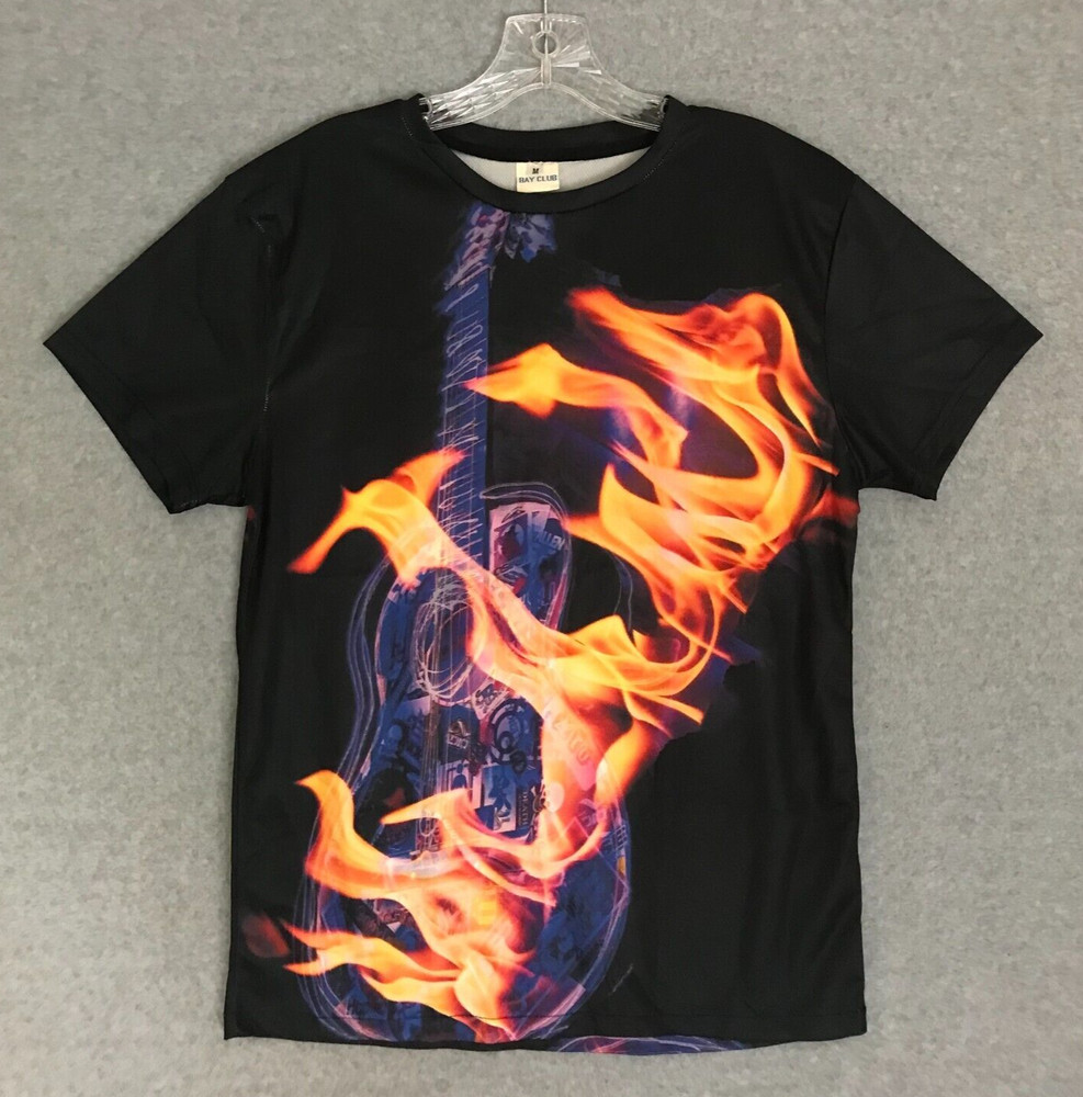 NEW! Guitar on Fire Graphic Shirt Mens Medium All-Over-Print Tee Polyester