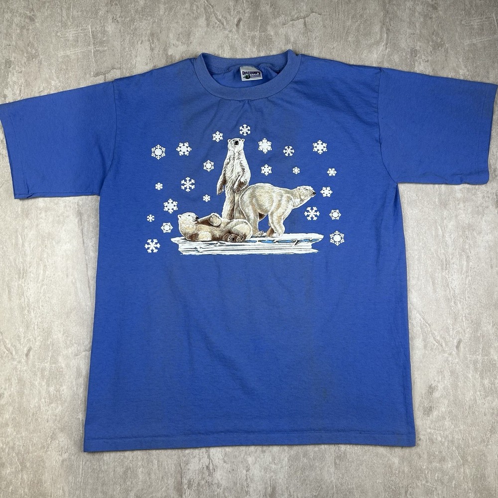 Vintage 90s Discovery Channel Store Polar Bears Blue T-Shirt USA Men’s Size XL