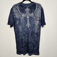 Affliction Shirt Mens Size L Blue Distressed Paper Thin Cross Wings Biker Y2K