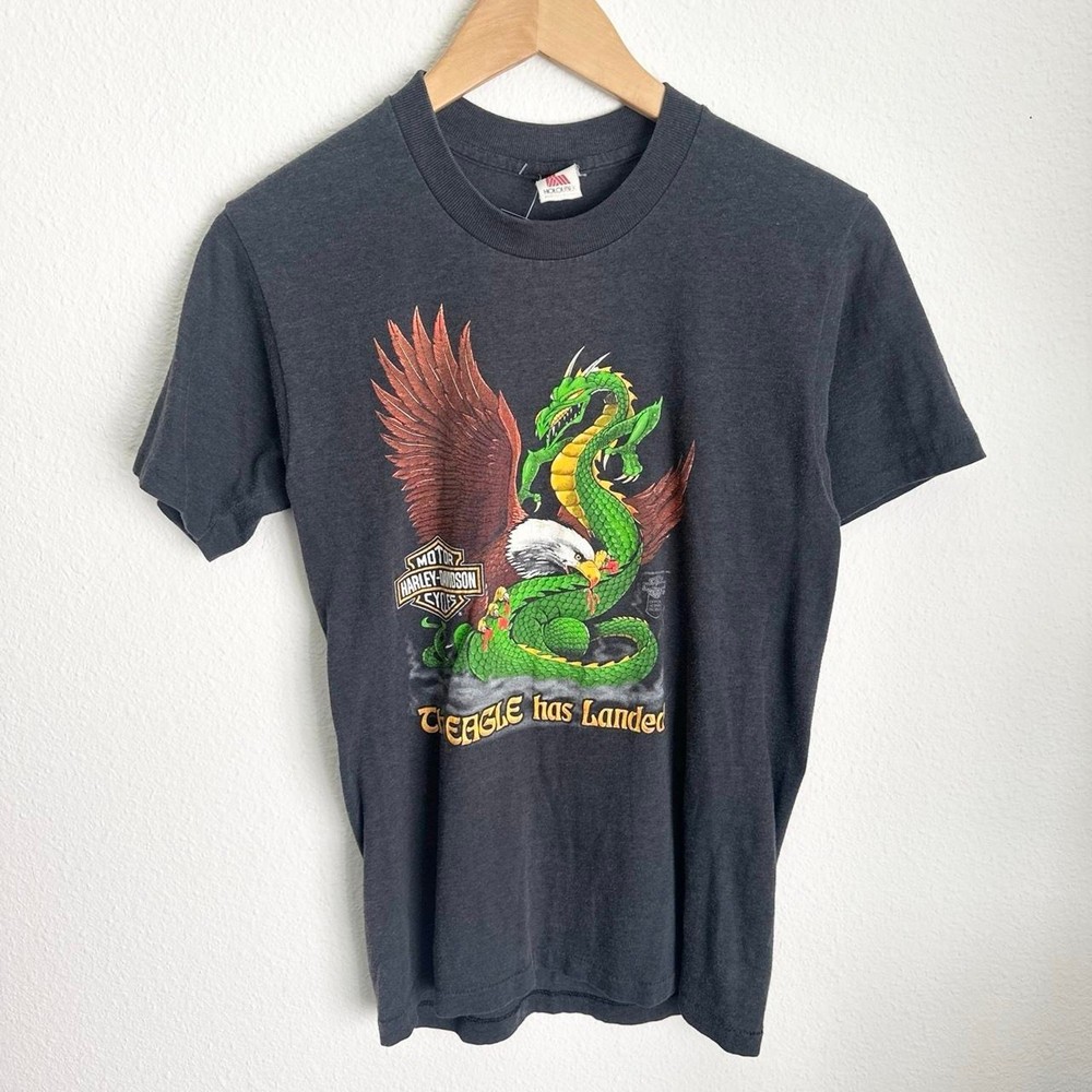 Vintage 70s/80s 3d emblem Harley Davidson Eagle Has Landed dragon flame shirt