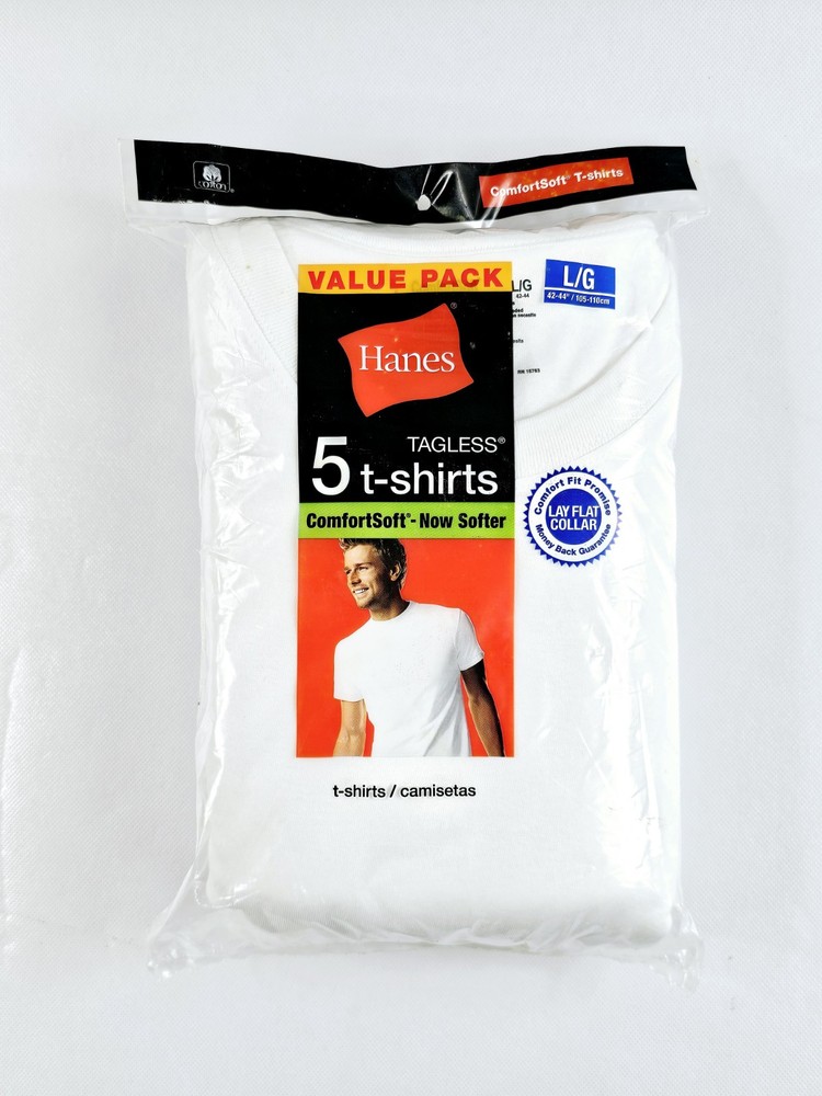 Hanes Men’s 5-Pack Cotton Tagless, Lay-Flat Collar T-Shirts, Size L White 2135