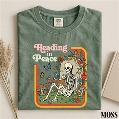 Reading in Peace Shirt Skeleton Book Lover Funny Halloween Reader Unisex Tee