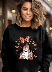 Halloween Sweatshirts for Women: Oversized Ghost Castle Sweatshirt Cute Spook…