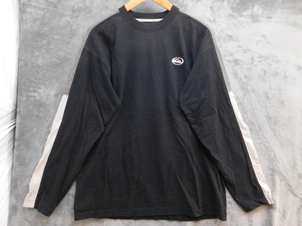 VTG Quiksilver Shirt Mens M Black Colorblock Long Sleeve Crewneck Logo Cotton