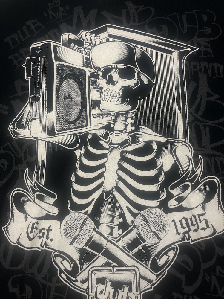 VTG 90s Dub Streetwear Mens XXL Skull Music Hip Hop Rock Skeleton Boombox Shirt