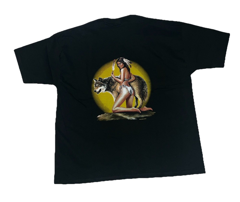 Vintage 90s Wild Side Wolf Back Graphic T Shirt XL Native American Sexy Woman