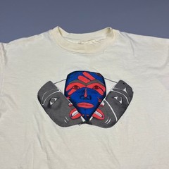 Hanes Beefy-T Graphic T-Shirt Mens L Cream Indigenous Mask Vintage Paper Thin