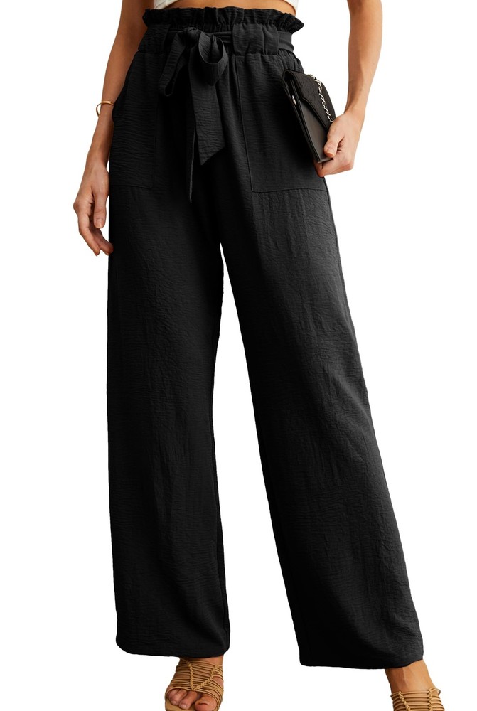 Women’s Wide Leg Pants with Pockets High Waist Adjustable Knot Loose Casual T…