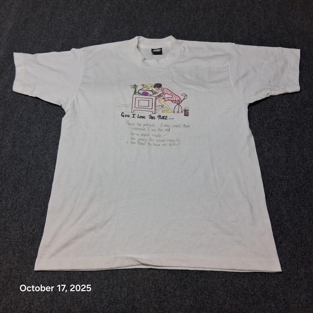 Vintage Novelty Funny Old Person Work T Shirt Size Large White Screen Stars