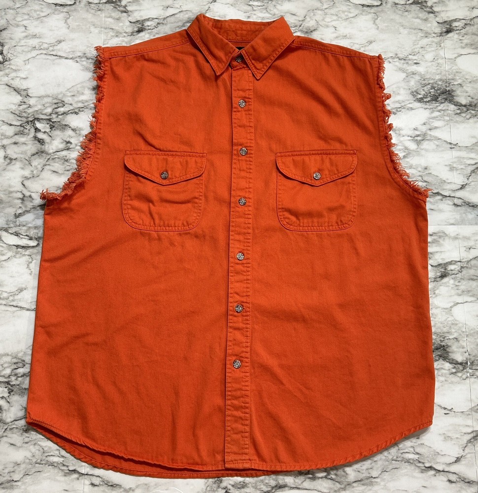 V TWIN Motorcycle Apparel Biker Men’s Denim Shirt Size XL Orange Sleeveless