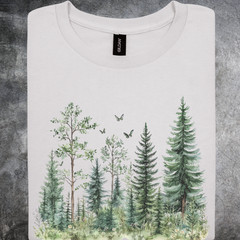 Forest Trees Shirt Watercolor Pine Nature Landscape Birds Tshirt gray