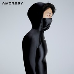 AMORESY Men Glossy Hooded T-shirt Sunscreen High Neck Long Sleeve Running Shirts